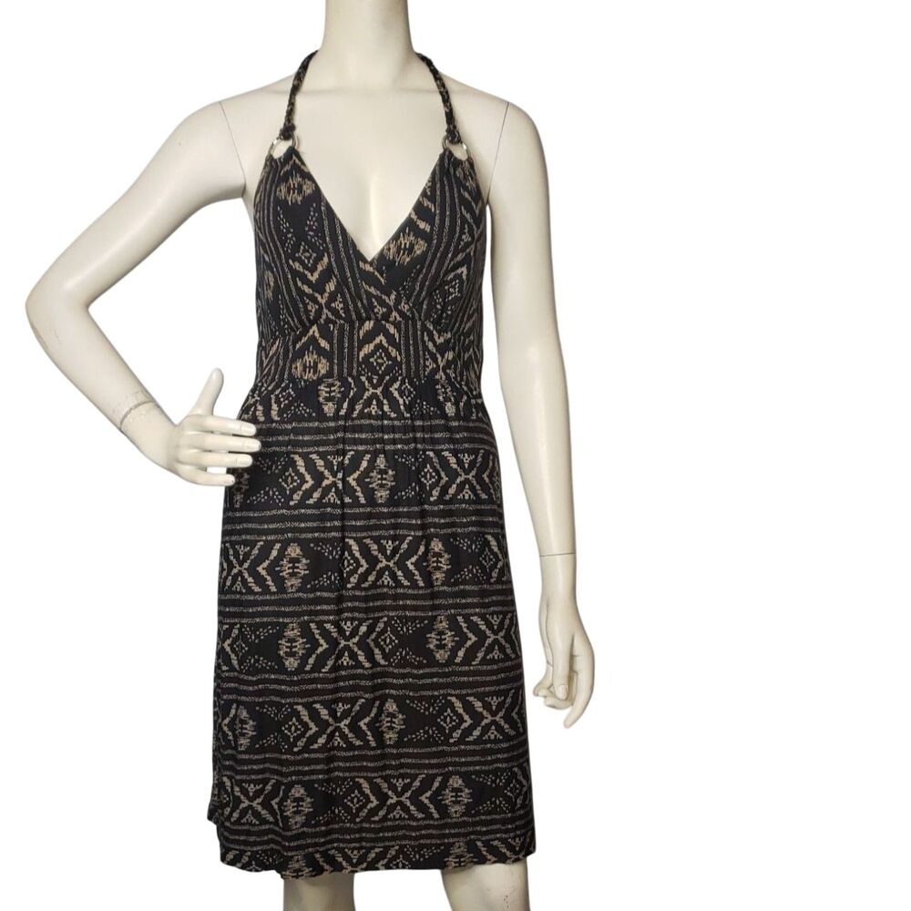 Lascana Dress Womens 10 Black Beige Halter V Neck Backless Aztec Print Summer